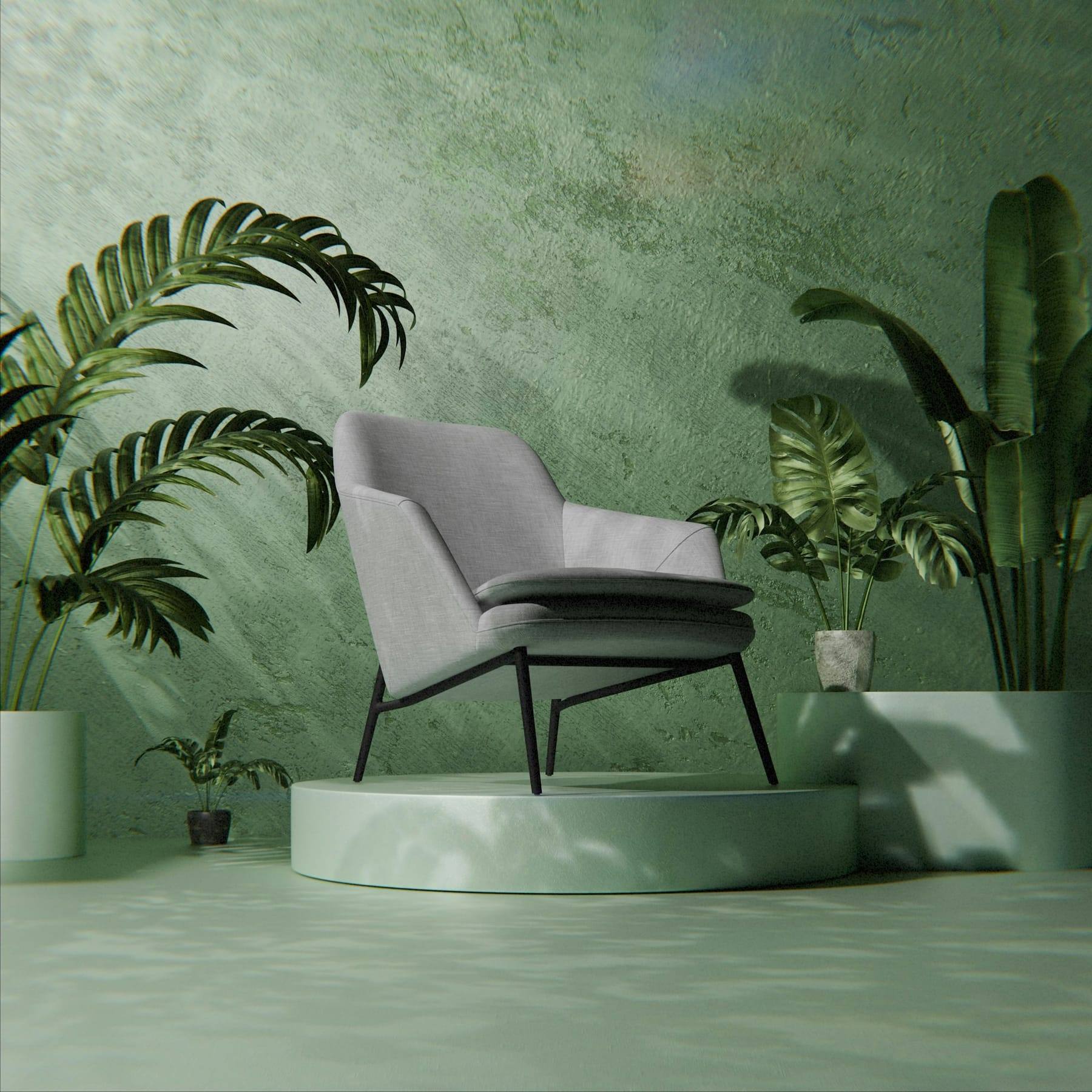 Modern armchair surrounded by green plants